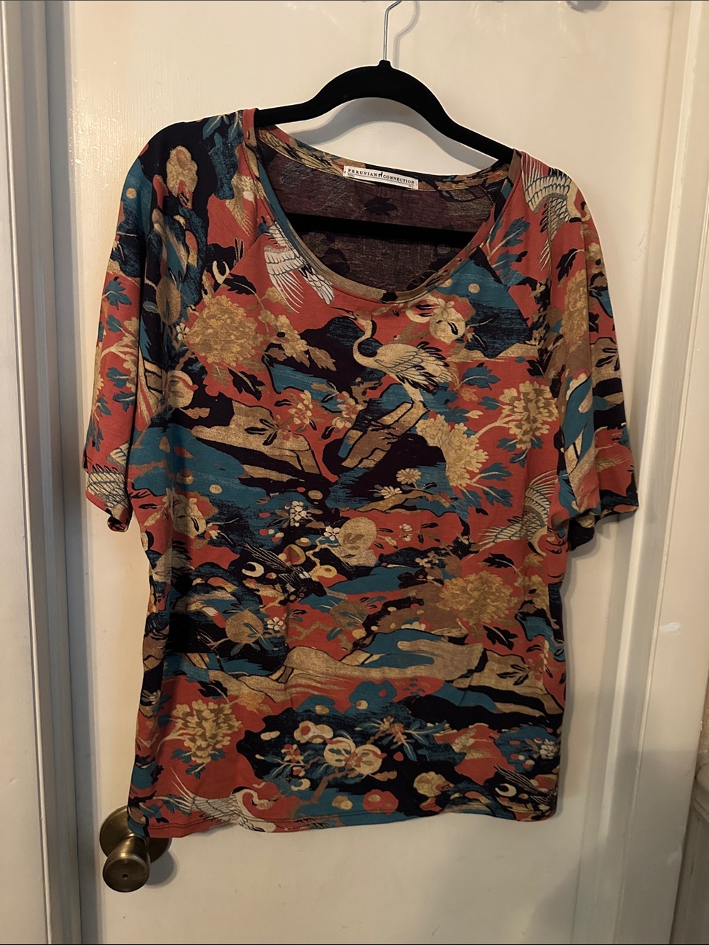 Peruvian Connection Rust, Teal & Gold Floral Crane Short-Sleeve Tee NWOT